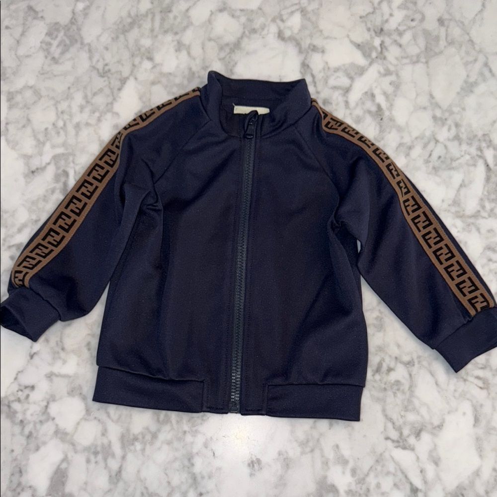 FENDI Navy Jacket with Logo Patterned Sleeves 18M